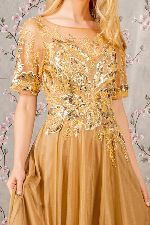 Metallic Applique Short Sleeve A-line Gown by GLS Gloria GL3444 - Long Formal Dresses