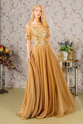 Metallic Applique Short Sleeve A-line Gown by GLS Gloria GL3444-New Collection