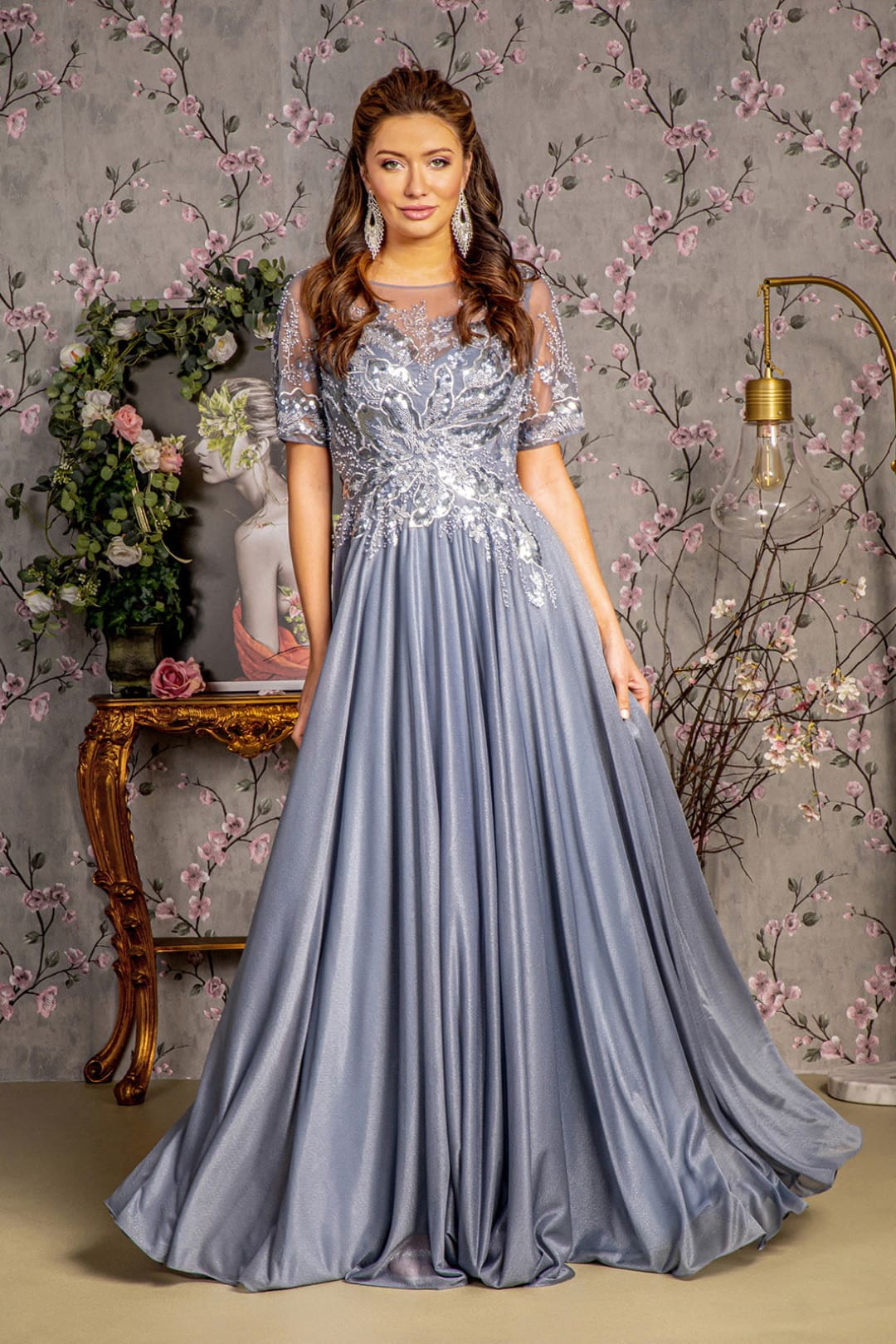 Metallic Applique Short Sleeve A-line Gown by GLS Gloria GL3444 - S / Silver - Long Formal Dresses