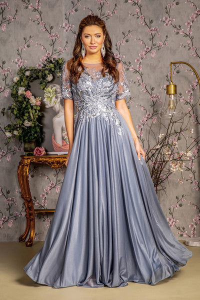 Metallic Applique Short Sleeve A-line Gown by GLS Gloria GL3444 - S / Silver - Long Formal Dresses