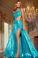Metallic Fitted One Shoulder Slit Gown by Jovani 43329 - 00 / Turquoise - Long Formal Dresses