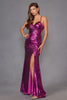 Metallic Fitted V-Neck Slit Gown by Juliet JT2502A - Long Formal Dresses