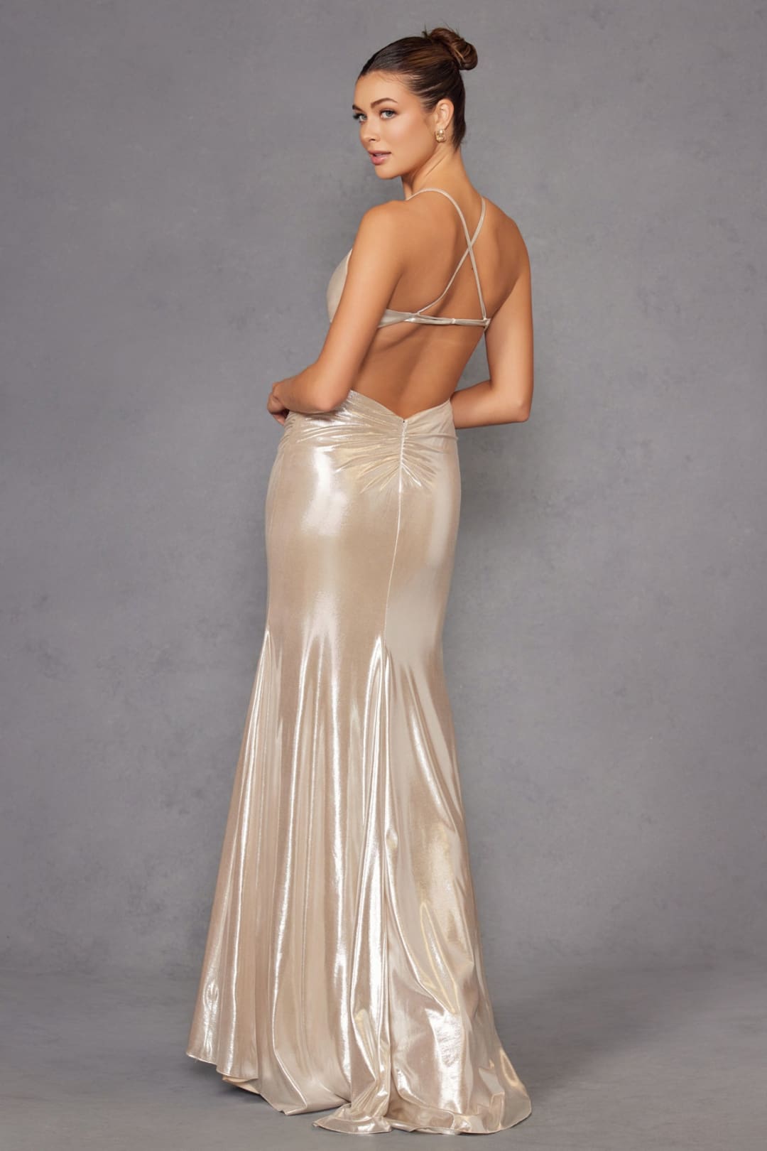 Metallic Fitted V-Neck Slit Gown by Juliet JT2502A - Long Formal Dresses