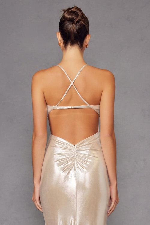 Metallic Fitted V-Neck Slit Gown by Juliet JT2502A - Long Formal Dresses