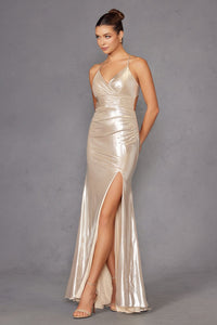 Metallic Fitted V-Neck Slit Gown by Juliet JT2502A - Long Formal Dresses