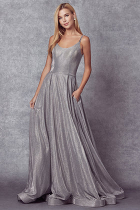 Juliet 206 Metallic Glitter A-line Gown with Fitted Silhouette and Scoop Neck Neckline