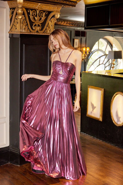 Metallic Long Halter A-line Dress by Juliet JT2503A - Long Formal Dresses