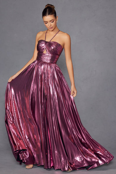 Metallic Long Halter A-line Dress by Juliet JT2503A - Long Formal Dresses
