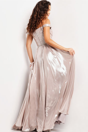 Metallic Off Shoulder A-line Slit Gown by Jovani 37381 - Long Formal Dresses