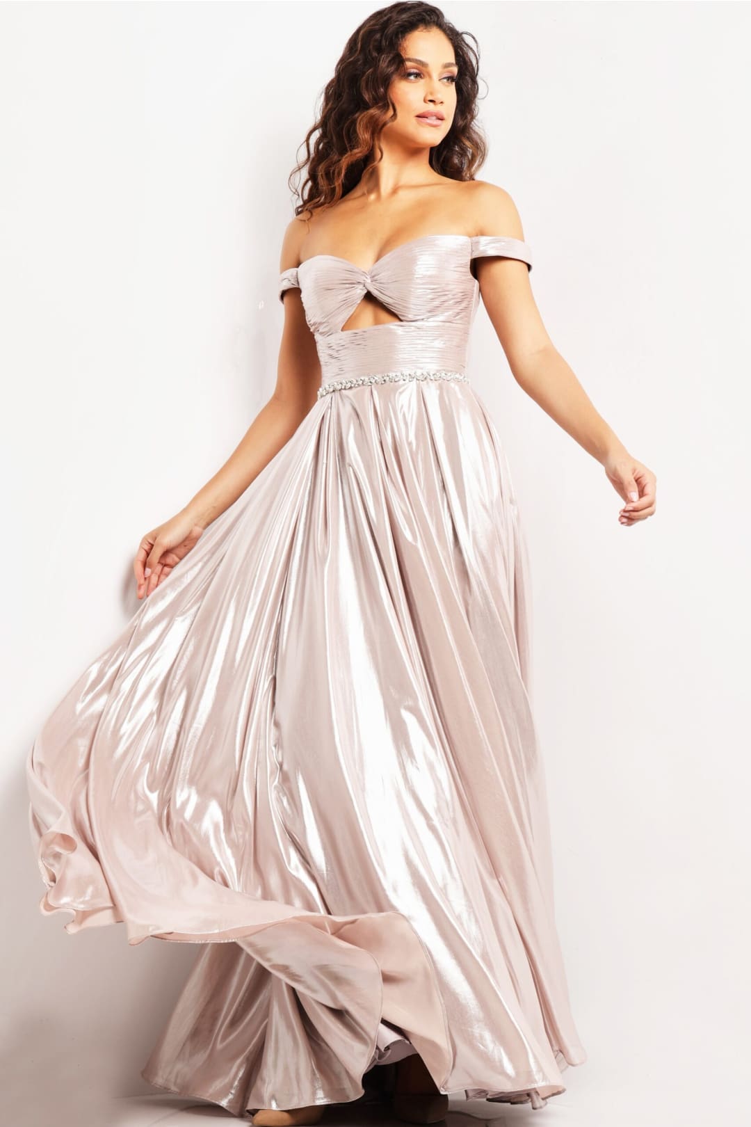 Metallic Off Shoulder A-line Slit Gown by Jovani 37381 - Long Formal Dresses
