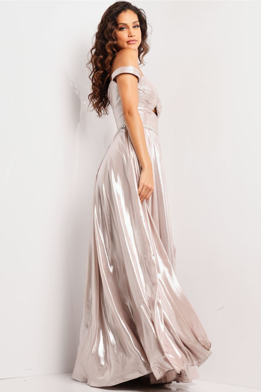 Metallic Off Shoulder A-line Slit Gown by Jovani 37381 - Long Formal Dresses