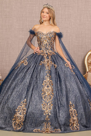 Metallic Off Shoulder Ball Gown by Elizabeth K GL3107 - XS / Navy - Quinceanera Dresses