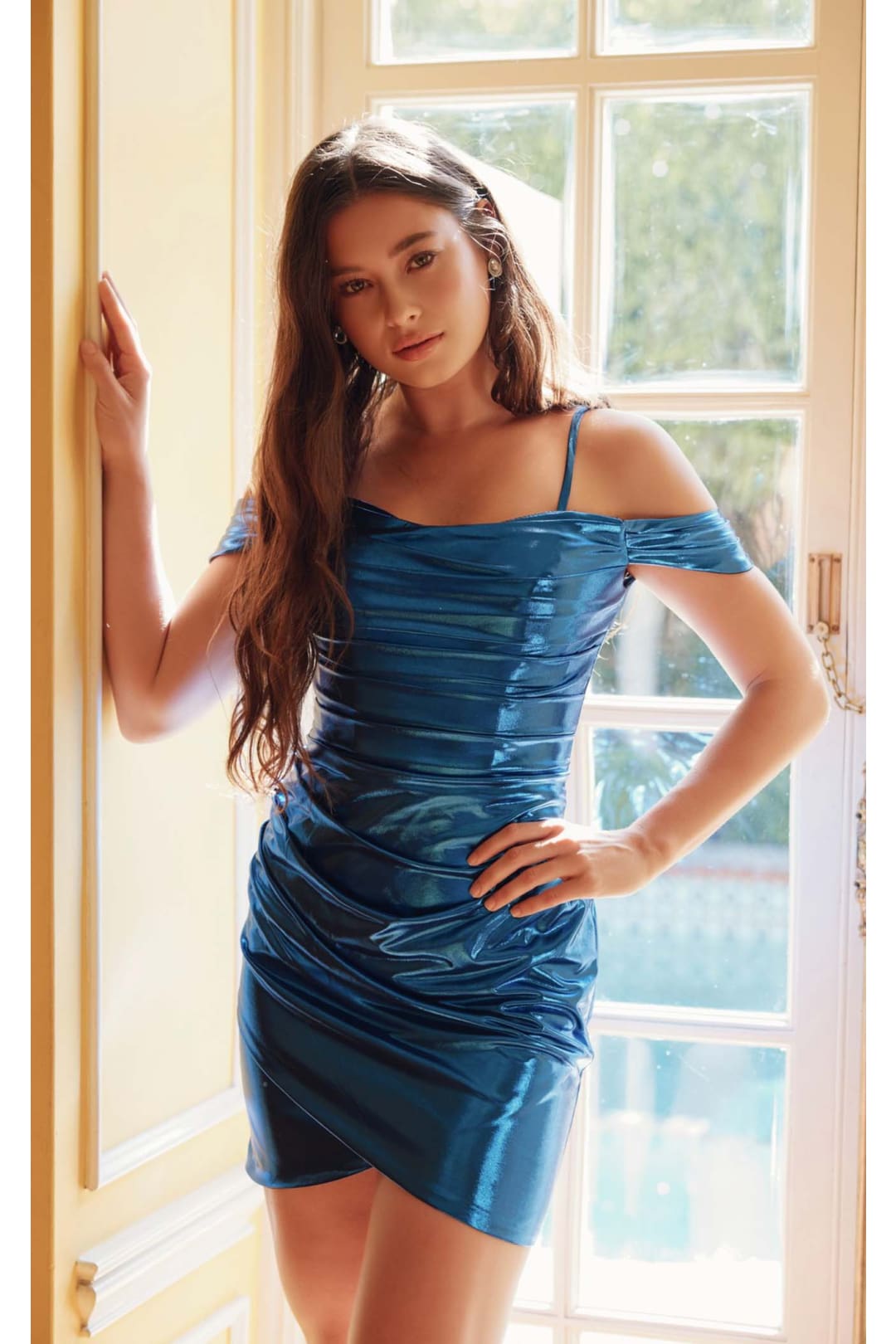 Metallic Off-Shoulder Short Dress by Juliet JT945K - Dress