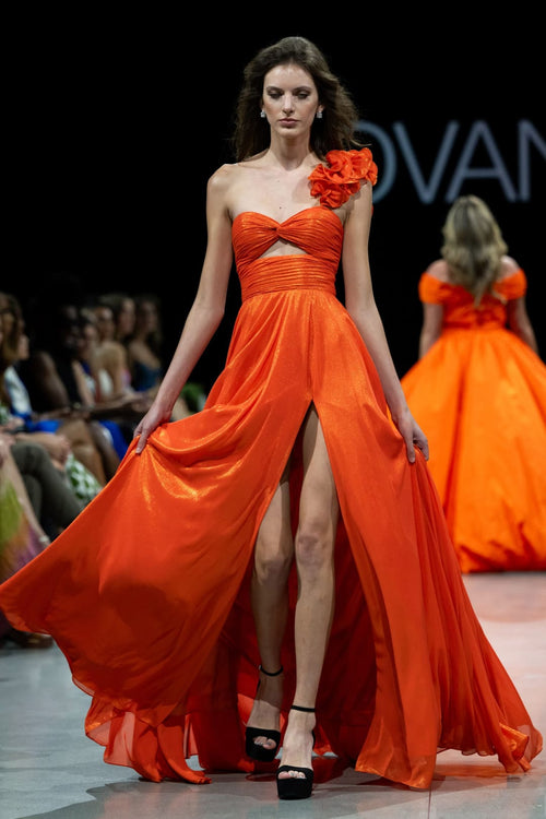 Metallic One Shoulder A-line Slit Gown by Jovani 37254 - 00 / Orange - Long Formal Dresses
