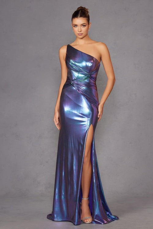 Metallic One Shoulder Slit Gown by Juliet JT2910H - Long Formal Dresses