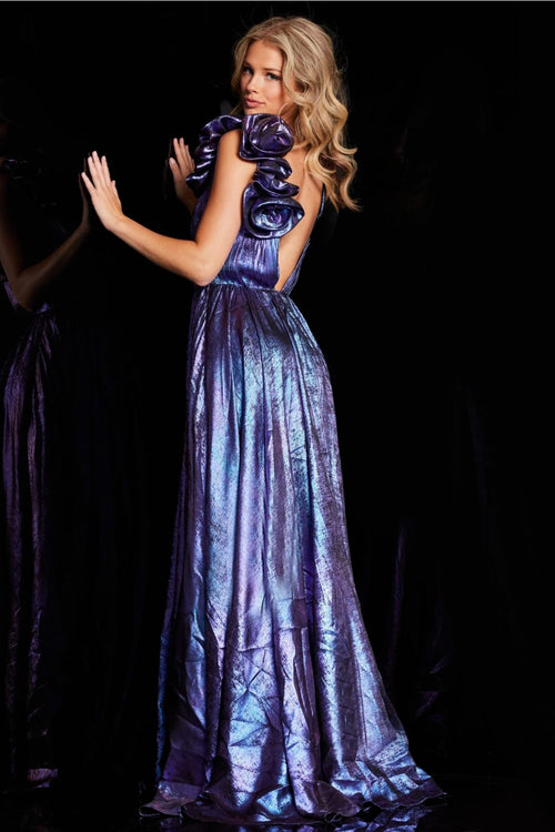 Metallic Ruffle Sleeve A-line Slit Gown by Jovani 37453 - Long Formal Dresses