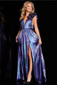 Metallic Ruffle Sleeve A-line Slit Gown by Jovani 37453 - 00 / Purple - Long Formal Dresses
