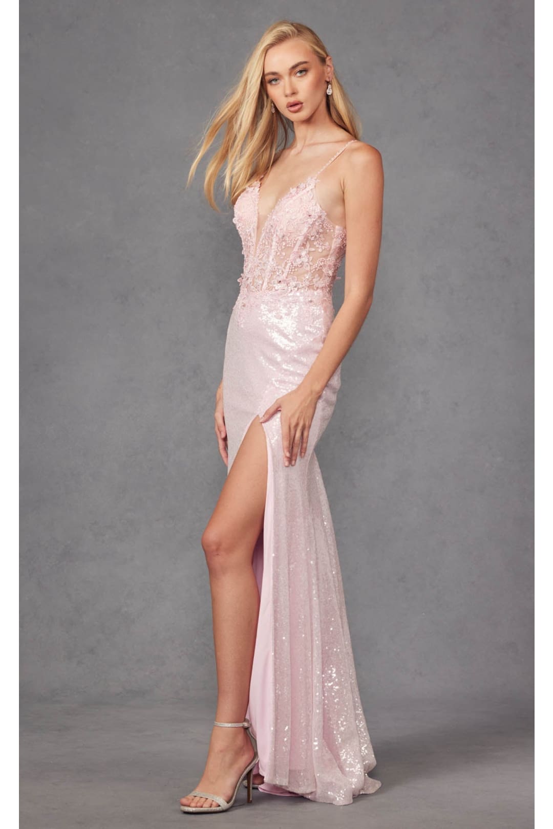 Metallic Sequin Corset Gown with Slit by Juliet 289 - Dress