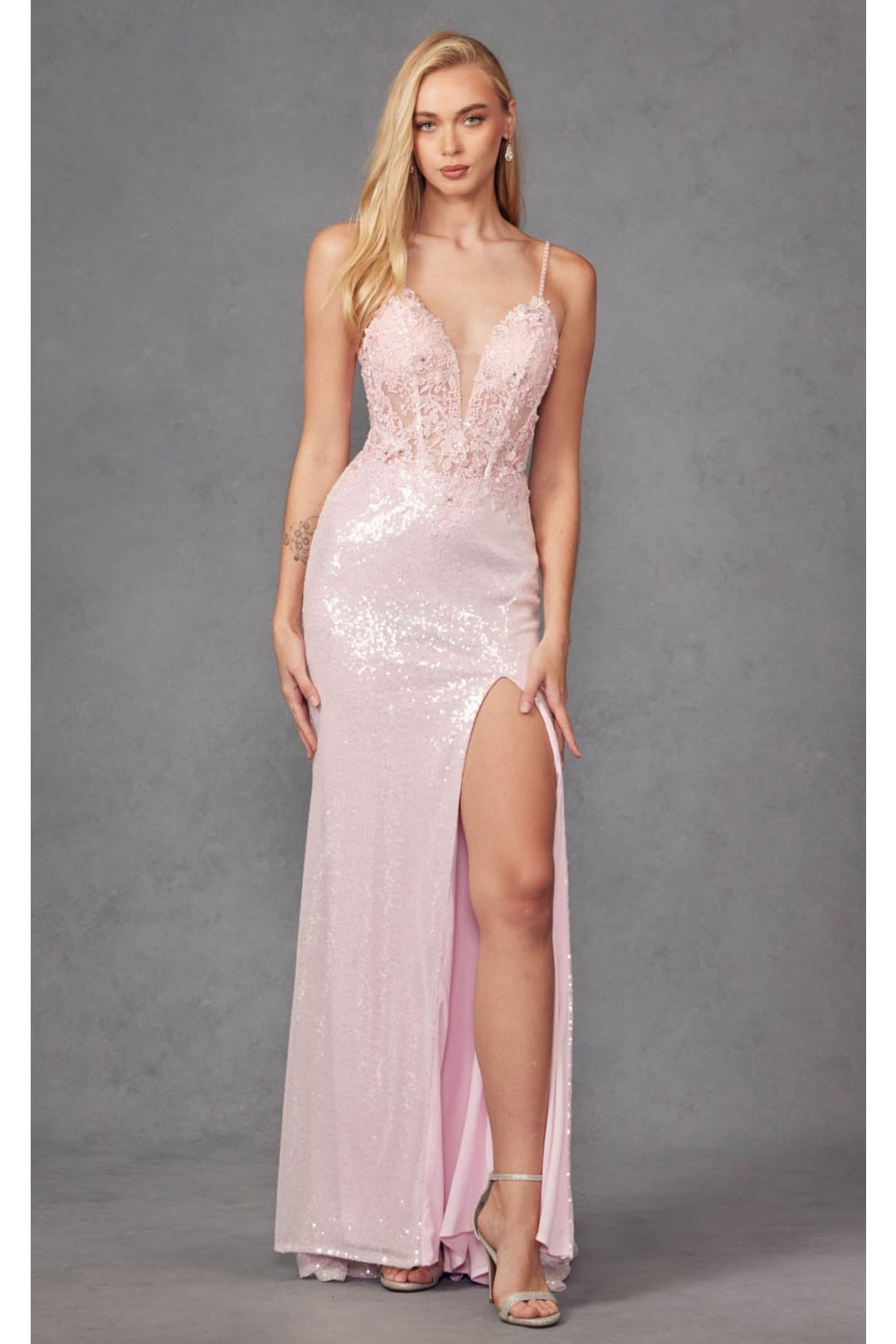 Metallic Sequin Corset Gown with Slit by Juliet 289 - Dress