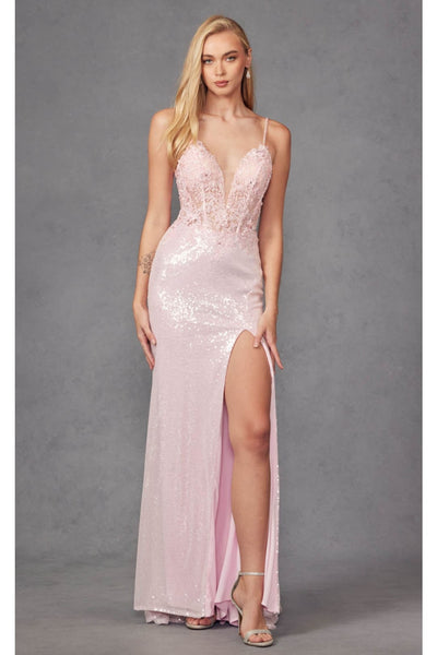 Metallic Sequin Corset Gown with Slit by Juliet 289 - Dress