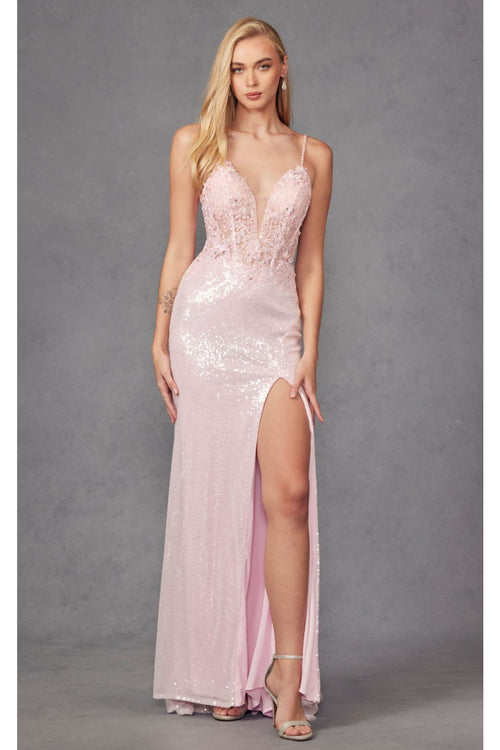 Metallic Sequin Corset Gown with Slit by Juliet 289 - Dress