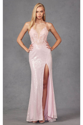 Metallic Sequin Corset Gown with Slit by Juliet 289