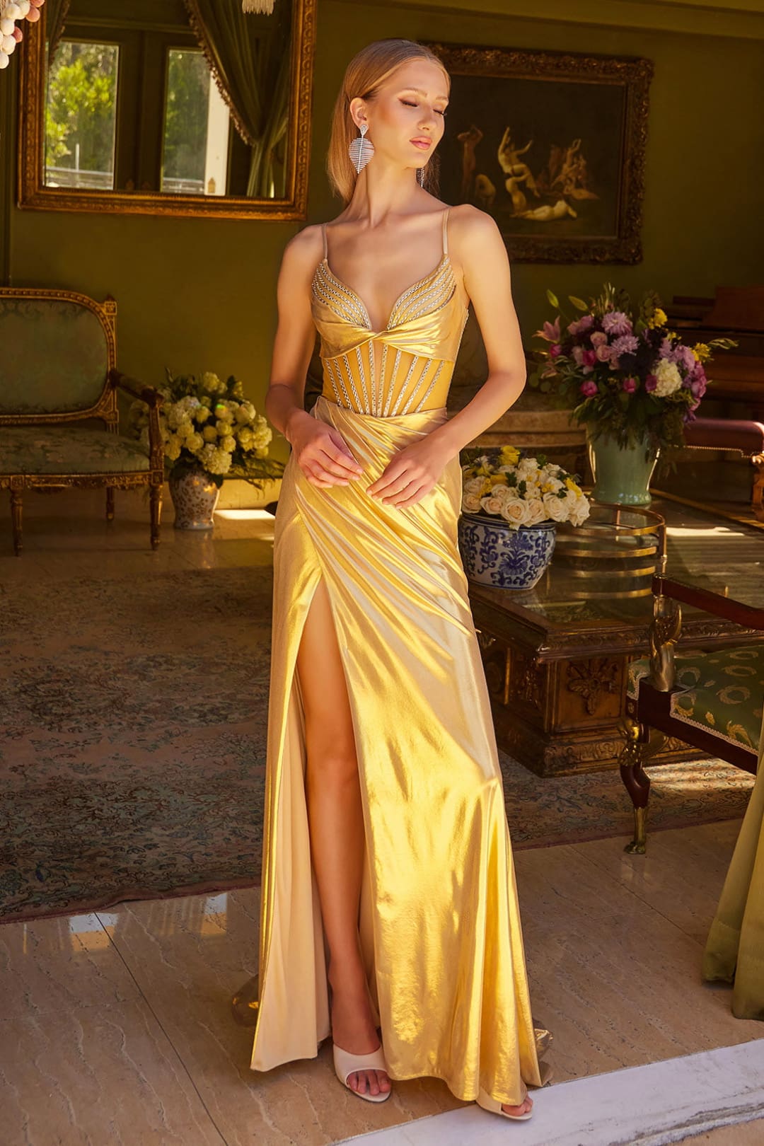 metallic champagne dress Elizabeth K GL3597 Gown Back Style_Lace Up Corset Back length design exudes sophistication What Color Shoes To yellow blue:Yellow