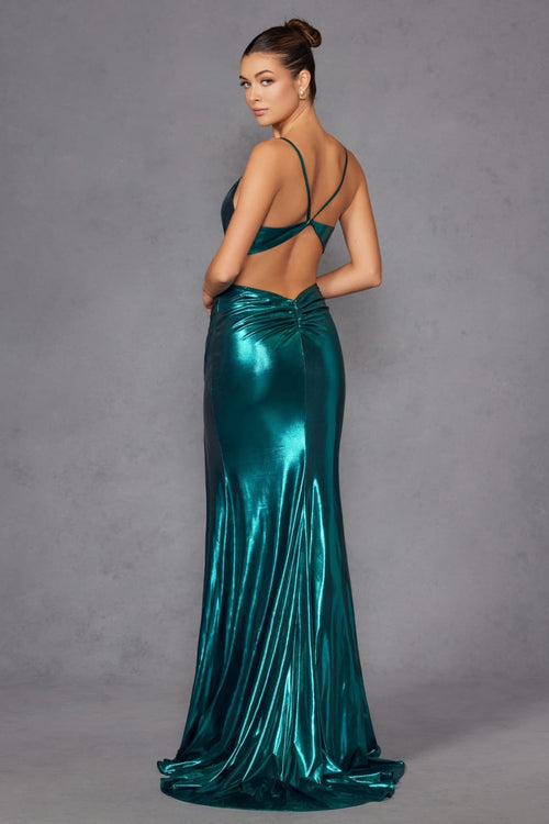 Metallic Sleeveless Slit Gown by Juliet JT2567U - Long Formal Dresses