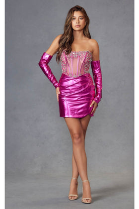 Metallic Strapless Corset Dress by Juliet JT938R