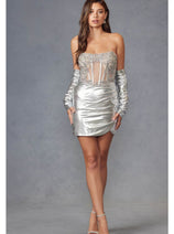 Metallic Strapless Corset Dress by Juliet JT938R