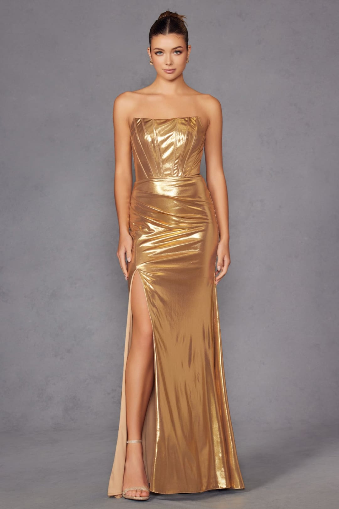 Metallic Strapless Slit Gown by Juliet JT2500A - Long Formal Dresses