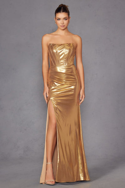 Metallic Strapless Slit Gown by Juliet JT2500A - Long Formal Dresses
