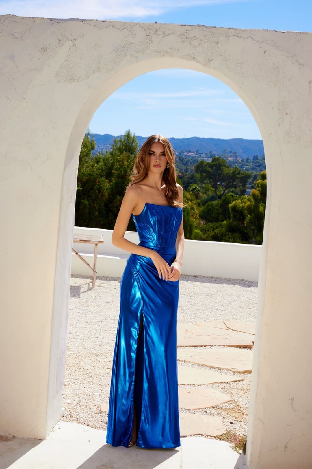 Metallic Strapless Slit Gown by Juliet JT2500A - Long Formal Dresses