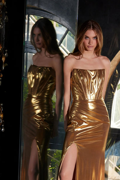 Metallic Strapless Slit Gown by Juliet JT2500A - Long Formal Dresses