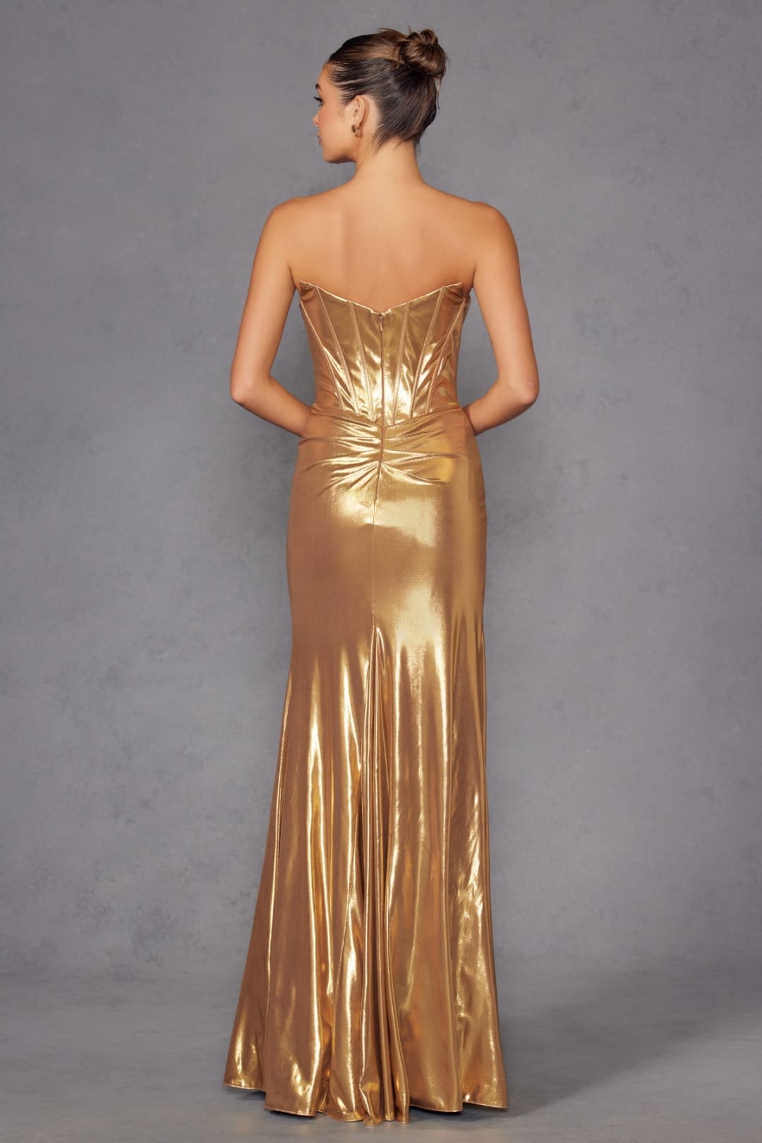 Metallic Strapless Slit Gown by Juliet JT2500A - Long Formal Dresses