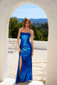 Metallic Strapless Slit Gown by Juliet JT2500A - Royal Blue / 2 - Long Formal Dresses