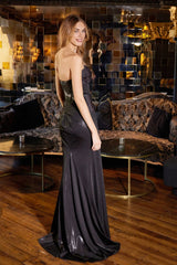 Metallic Strapless Slit Gown by Juliet JT2578H - Long Formal Dresses