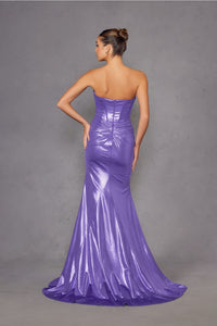 Metallic Strapless Slit Gown by Juliet JT2578H - Long Formal Dresses