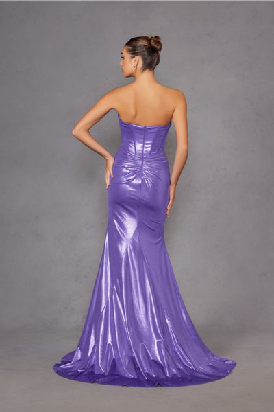 Metallic Strapless Slit Gown by Juliet JT2578H - Long Formal Dresses