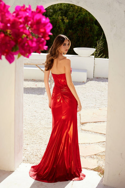 Metallic Strapless Slit Gown by Juliet JT2578H - Long Formal Dresses