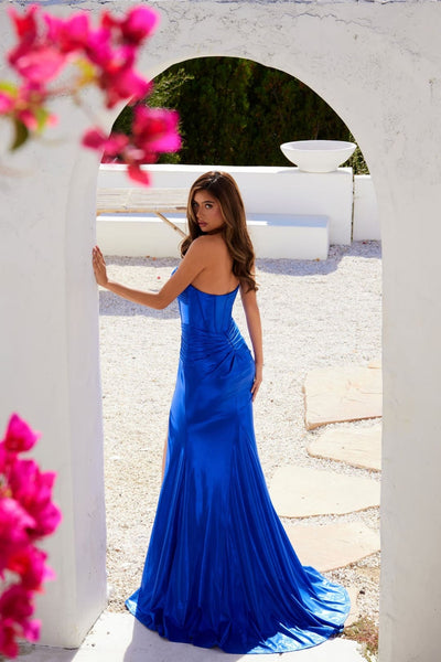 Metallic Strapless Slit Gown by Juliet JT2578H - Long Formal Dresses