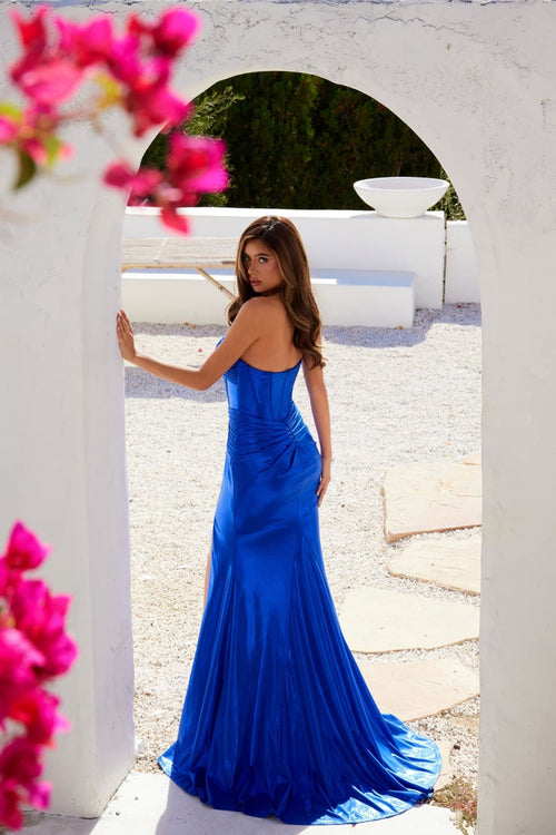 Metallic Strapless Slit Gown by Juliet JT2578H - Long Formal Dresses