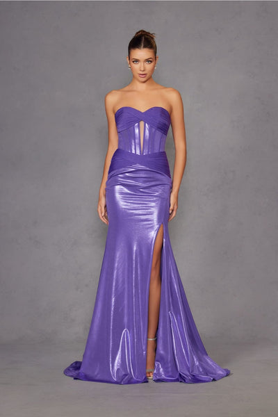 Metallic Strapless Slit Gown by Juliet JT2578H - Long Formal Dresses