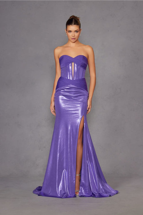 Metallic Strapless Slit Gown by Juliet JT2578H - Long Formal Dresses