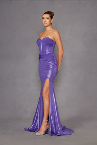 Metallic Strapless Slit Gown by Juliet JT2578H - Long Formal Dresses