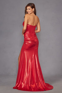 Metallic Strapless Slit Gown by Juliet JT2578H - Long Formal Dresses