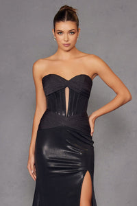 Metallic Strapless Slit Gown by Juliet JT2578H - Long Formal Dresses