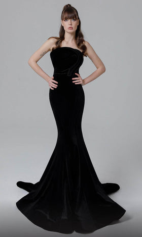 MNM Couture N0450 Black Velvet Strapless Evening Gown