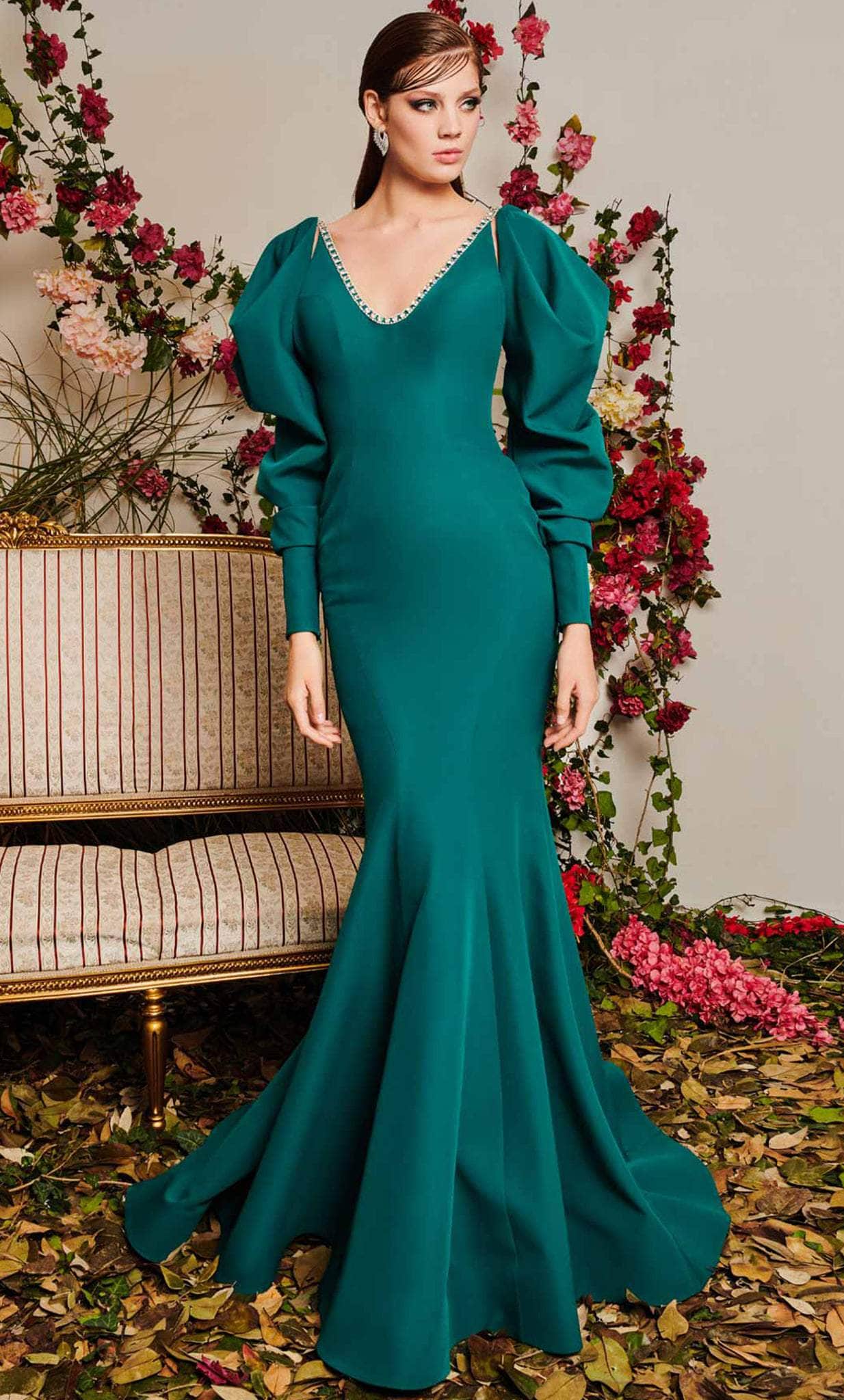 MNM Couture N0495 Emerald Green Puffy Sleeve Mermaid Gown – Size 4