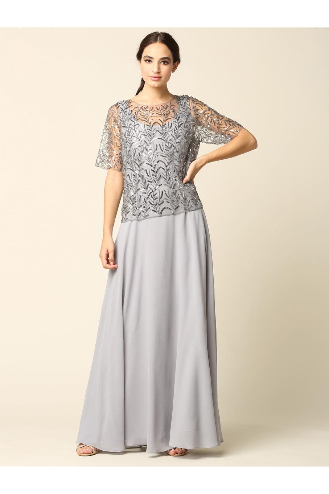 Mother of the Bride Beaded Long Formal Chiffon Gown - The Dress Outlet